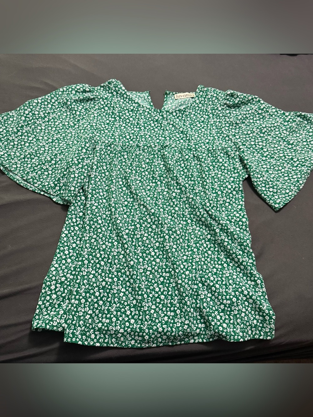 Green Floral Puff-Sleeve Blouse by LuvaRoe